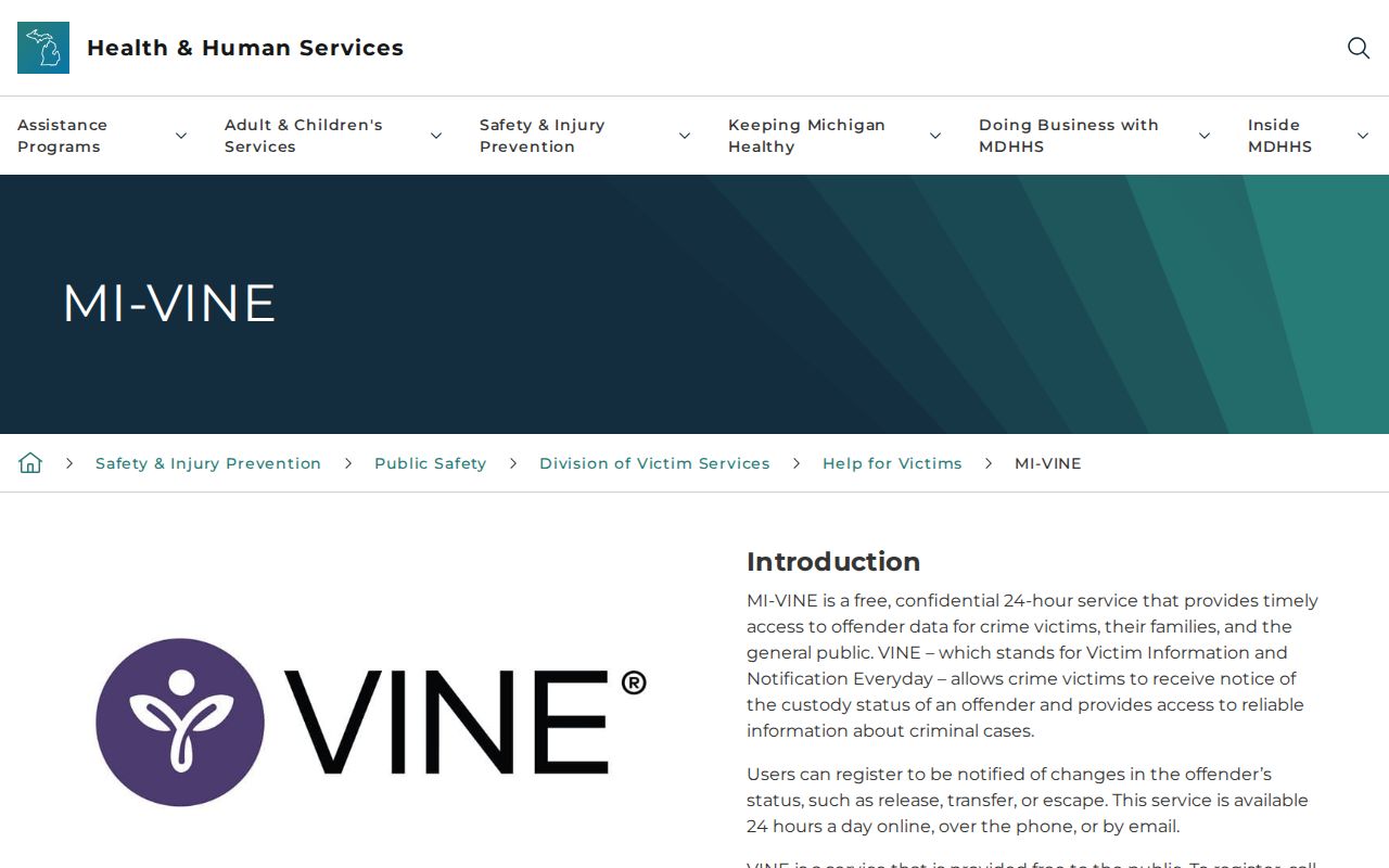 Official Michigan MI-VINE information page describing free confidential service